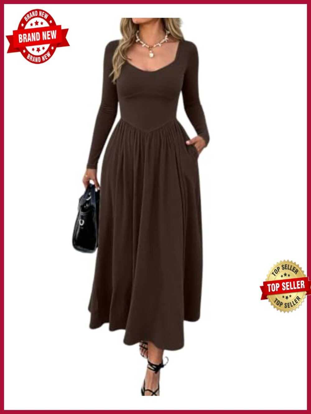 Women's Fall Long Sleeve A-Line Maxi Dress with Pockets